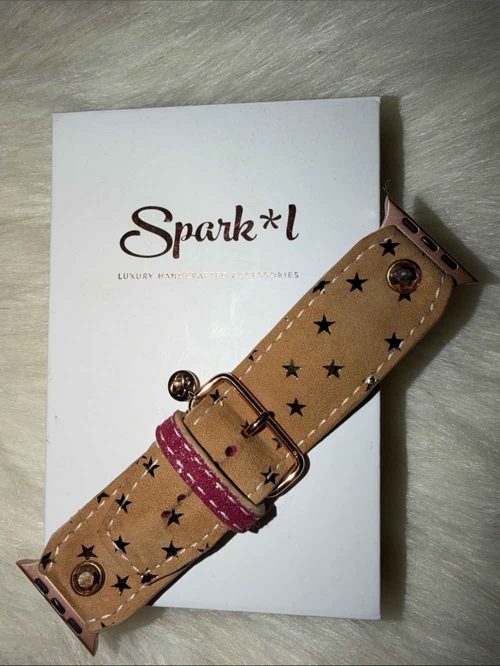 Spark*l Star-Print Tan Leather Apple Watch Band with Pink Accent